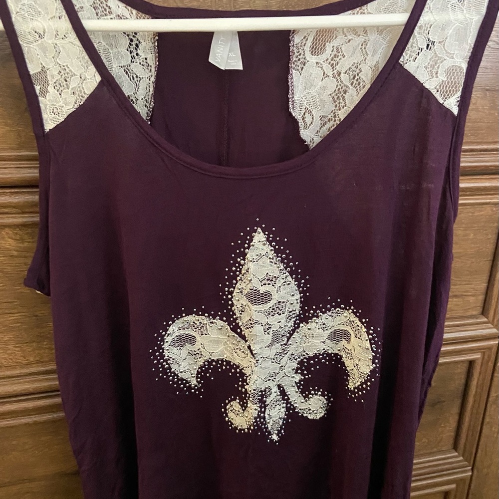 Vanity Dark purple tank top with lace and rhinestone design